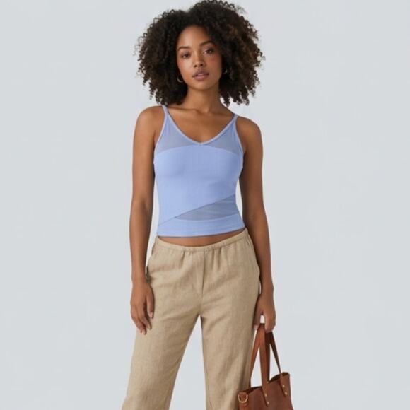 Halara Tops - Sz Lg HALARA Light Blue V-Neck Contrast Overlay Mesh Casual Cami Top